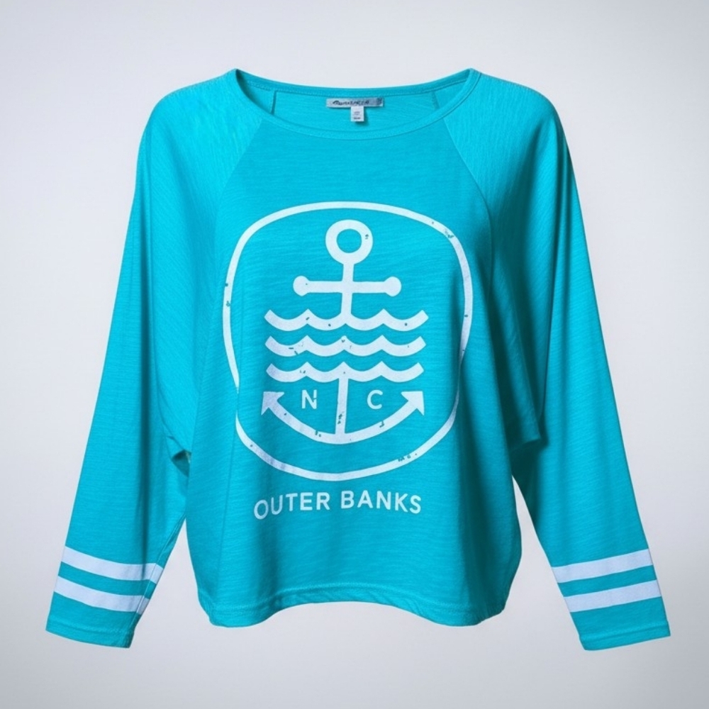 Lagaci Outer Banks Teal Graphic Long Sleeve Top M Coastal Anchor Beachy Tee